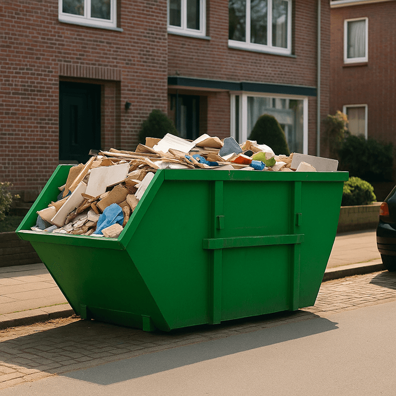 Grüner Bauschuttcontainer auf einer Wohnstraße in Niedersachsen – zuverlässiger Containerdienst für Bau- und Renovierungsabfälle