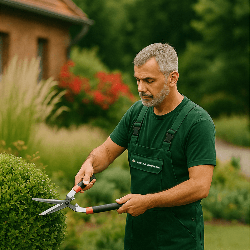 Hausmeister bei der Gartenpflege in Niedersachsen – Hecken schneiden im gepflegten Vorgarten mit typischer Bepflanzung