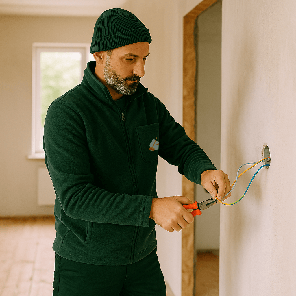 Hausmeister installiert Stromleitungen in einem renovierten Technikraum – fachgerechter Gebäudeservice für Elektroarbeiten in Bremen