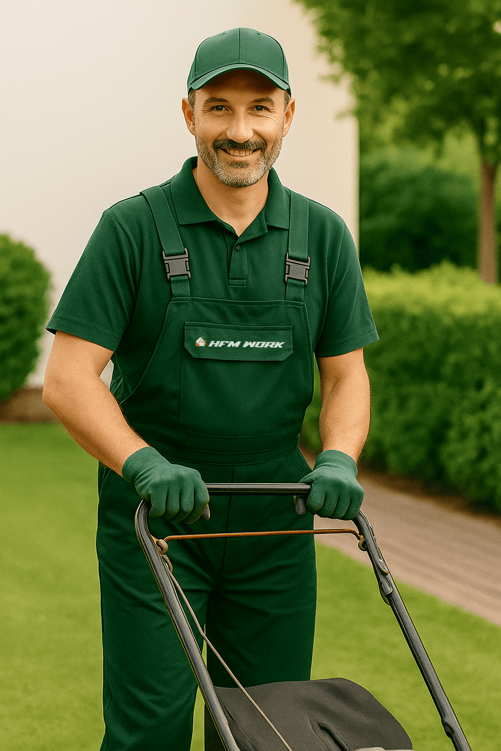 Hausmeister mit Rasenmäher bei der Gartenpflege in Bremen – professionelle Außenpflege mit grüner Arbeitskleidung