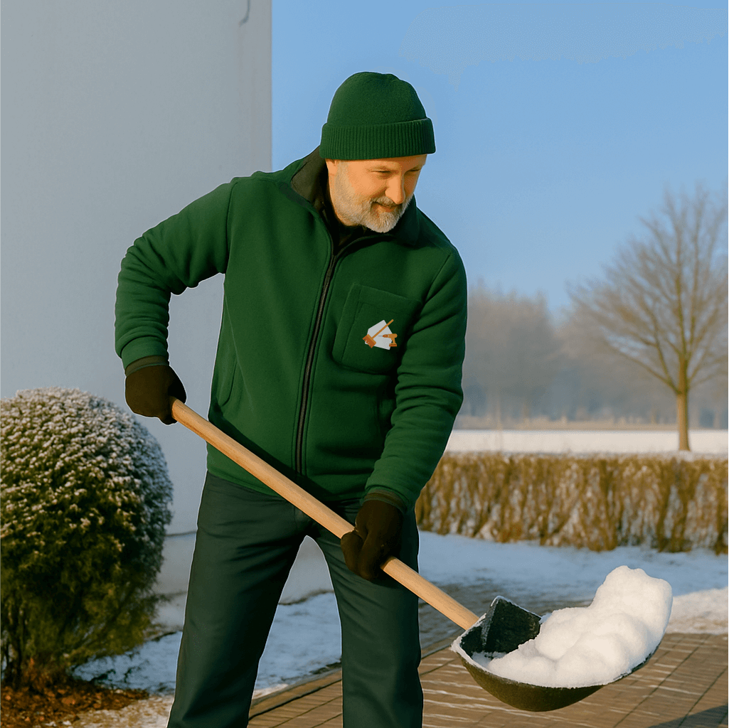 Hausmeister räumt Schnee vor einem Wohnhaus – zuverlässiger Winterdienst und Gehwegreinigung in Bremen und Niedersachsen