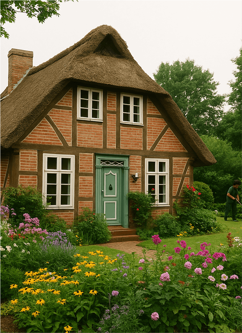 Typisches Einfamilienhaus in Niedersachsen mit blühendem Garten – ideal für Hausmeisterservice, Gartenpflege und Gebäudereinigung